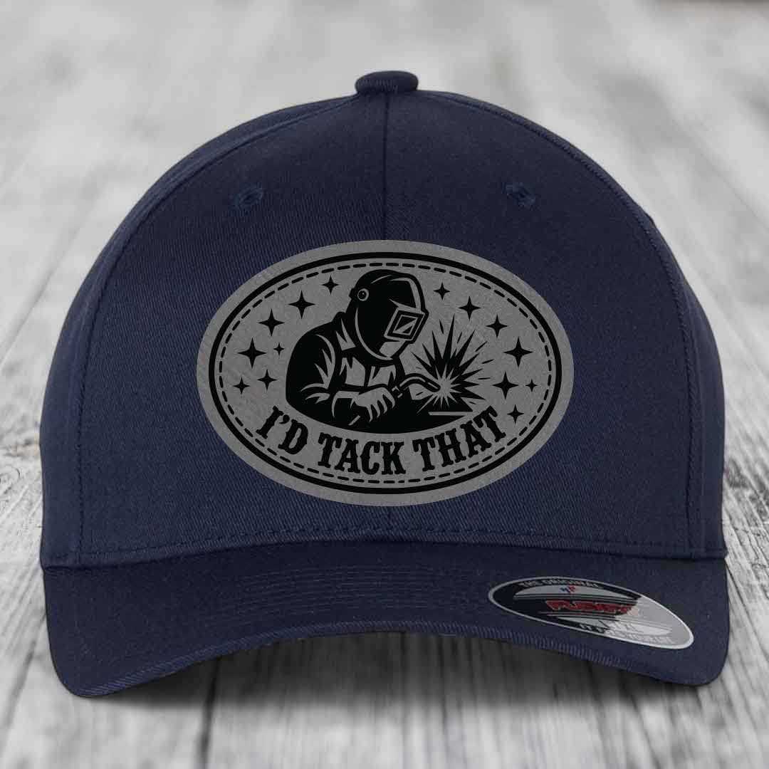 Id Tack That - Leather Patch Hat - Grey to Black Patch - Flexfit 6277 Fitted Hat