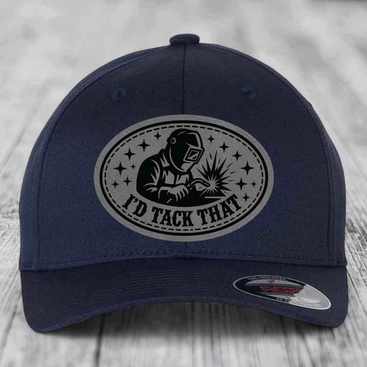 Id Tack That - Leather Patch Hat - Grey to Black Patch - Flexfit 6277 Fitted Hat