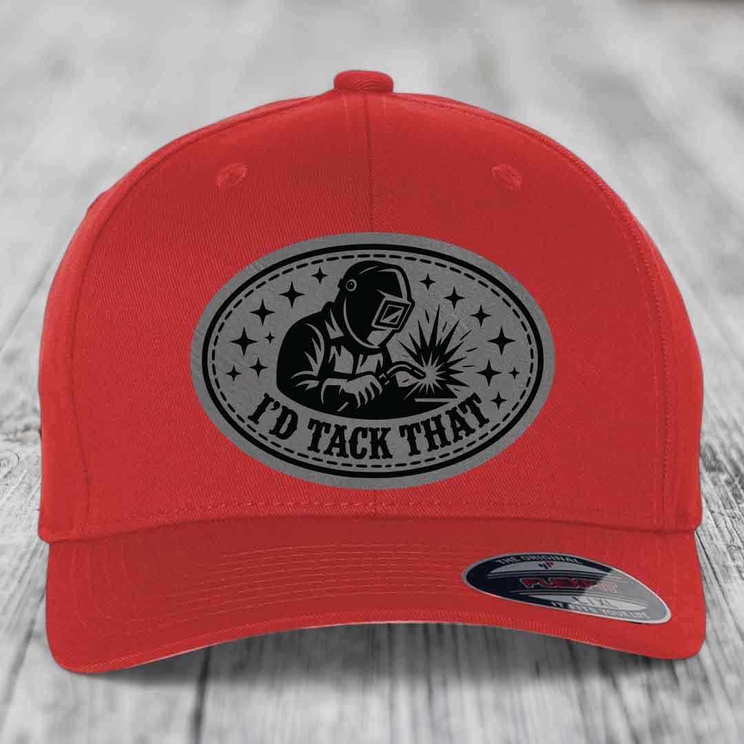 Id Tack That - Leather Patch Hat - Grey to Black Patch - Flexfit 6277 Fitted Hat