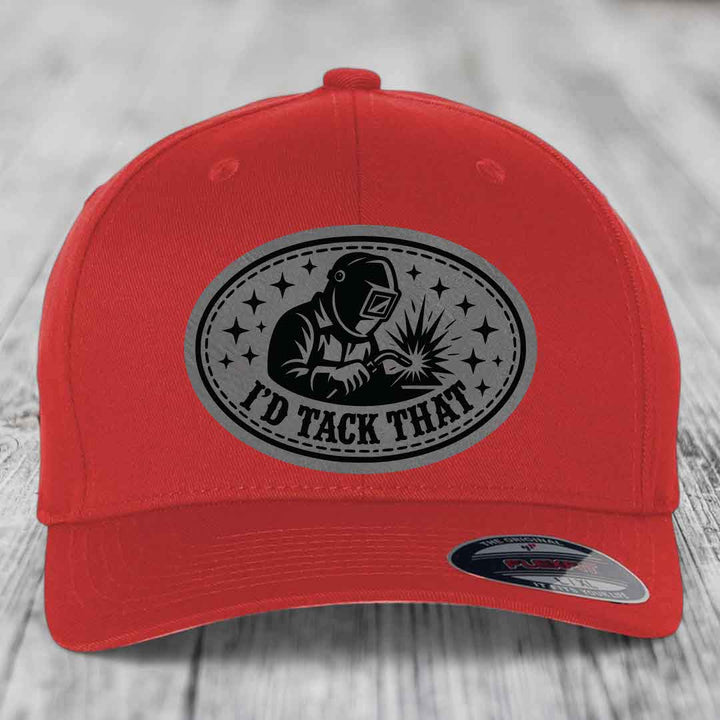 Id Tack That - Leather Patch Hat - Grey to Black Patch - Flexfit 6277 Fitted Hat