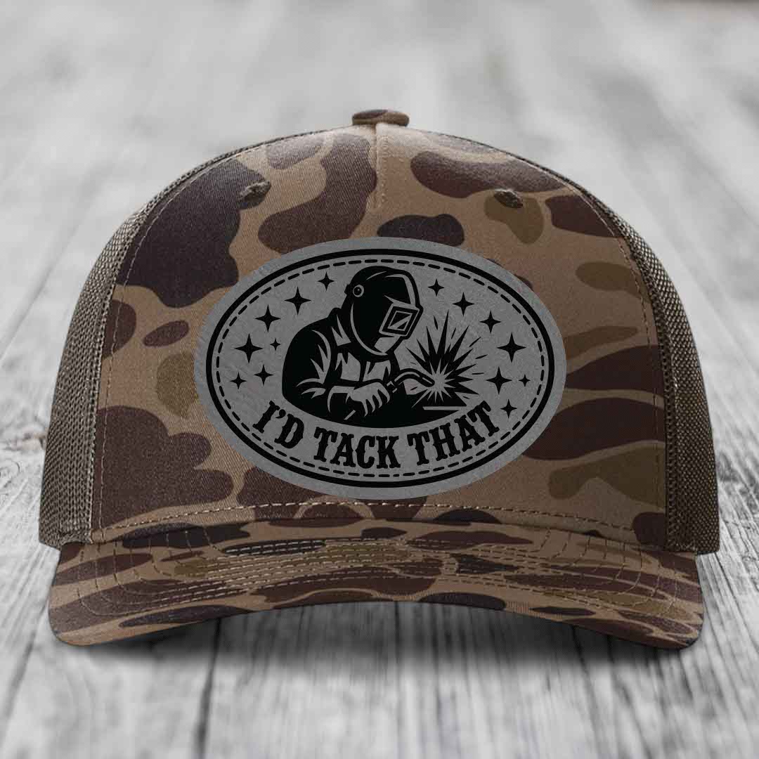 Id Tack That - Leather Patch Hat - Grey to Black Patch - Richardson 112PFP Snapback Trucker Hat