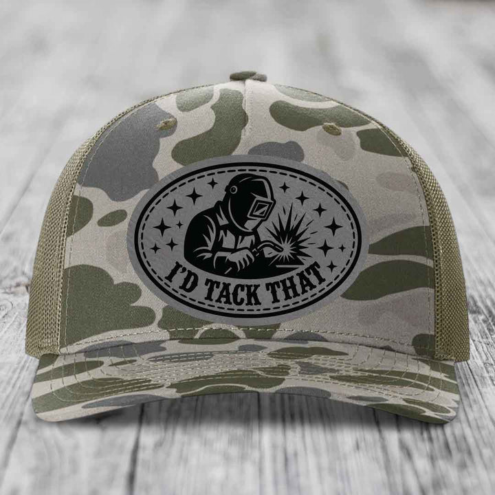 Id Tack That - Leather Patch Hat - Grey to Black Patch - Richardson 112PFP Snapback Trucker Hat