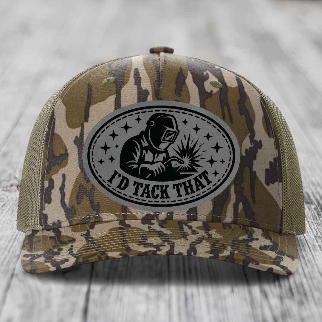 Id Tack That - Leather Patch Hat - Grey to Black Patch - Richardson 112PFP Snapback Trucker Hat