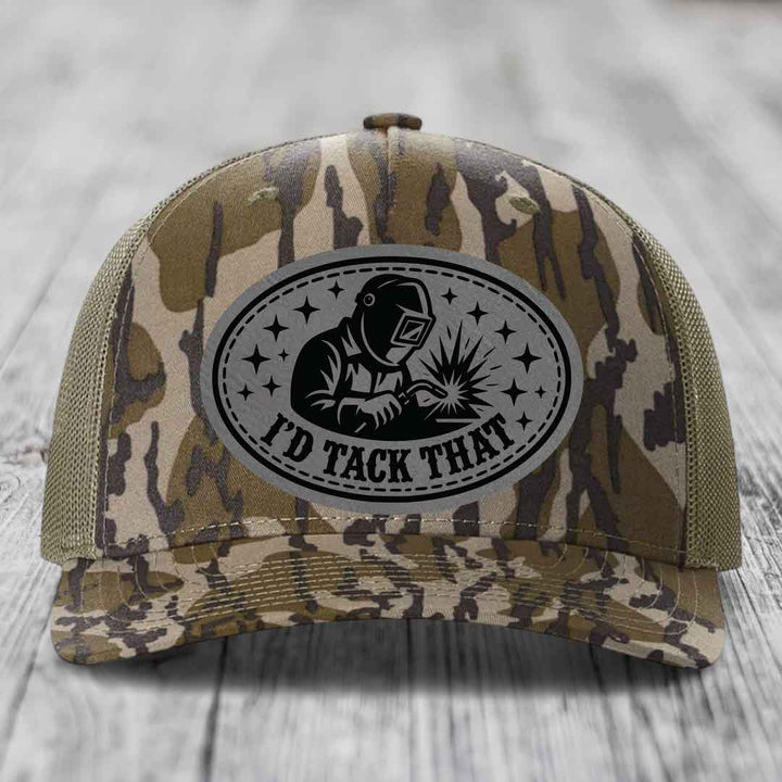 Id Tack That - Leather Patch Hat - Grey to Black Patch - Richardson 112PFP Snapback Trucker Hat