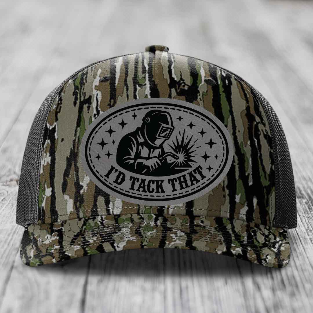 Id Tack That - Leather Patch Hat - Grey to Black Patch - Richardson 112PFP Snapback Trucker Hat