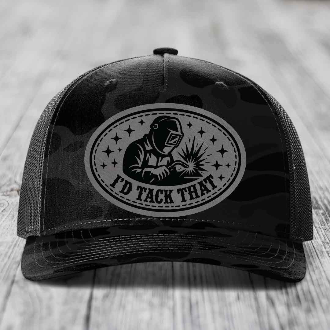 Id Tack That - Leather Patch Hat - Grey to Black Patch - Richardson 112PFP Snapback Trucker Hat