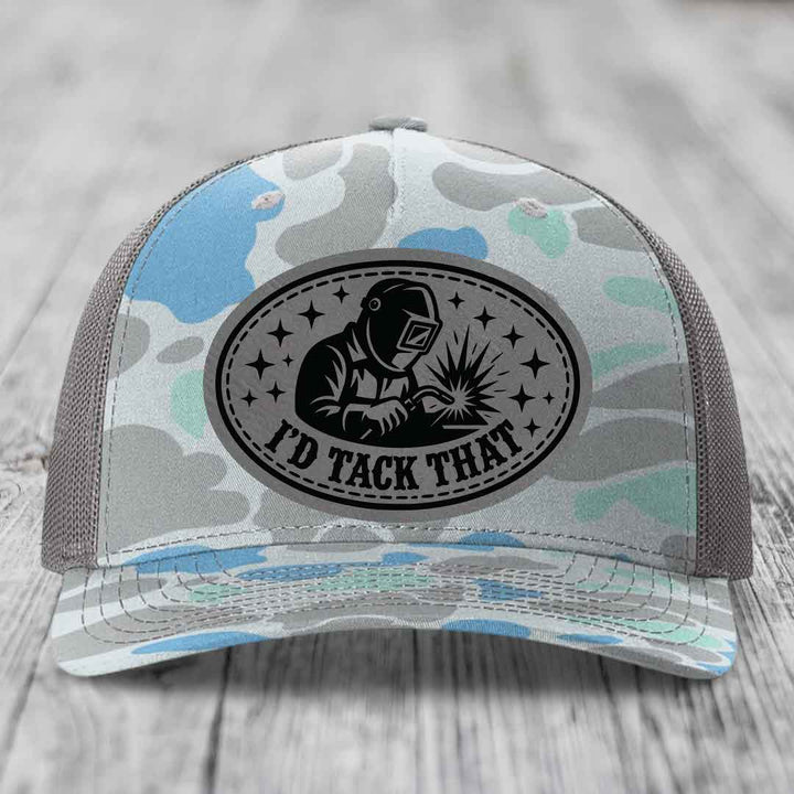 Id Tack That - Leather Patch Hat - Grey to Black Patch - Richardson 112PFP Snapback Trucker Hat