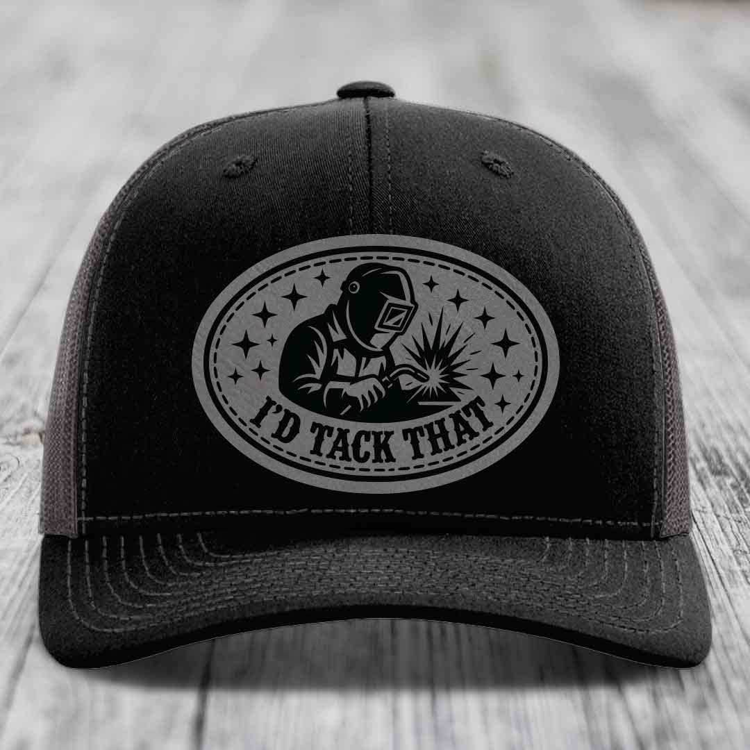 Id Tack That - Leather Patch Hat - Grey to Black Patch - Richardson 112 Snapback Trucker Hat