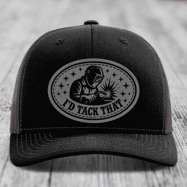 Id Tack That - Leather Patch Hat - Grey to Black Patch - Richardson 112 Snapback Trucker Hat