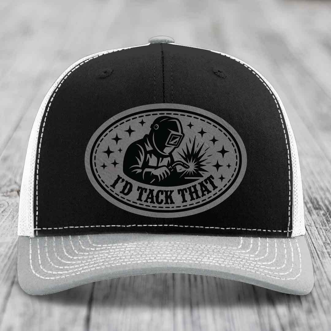 Id Tack That - Leather Patch Hat - Grey to Black Patch - Richardson 112 Snapback Trucker Hat