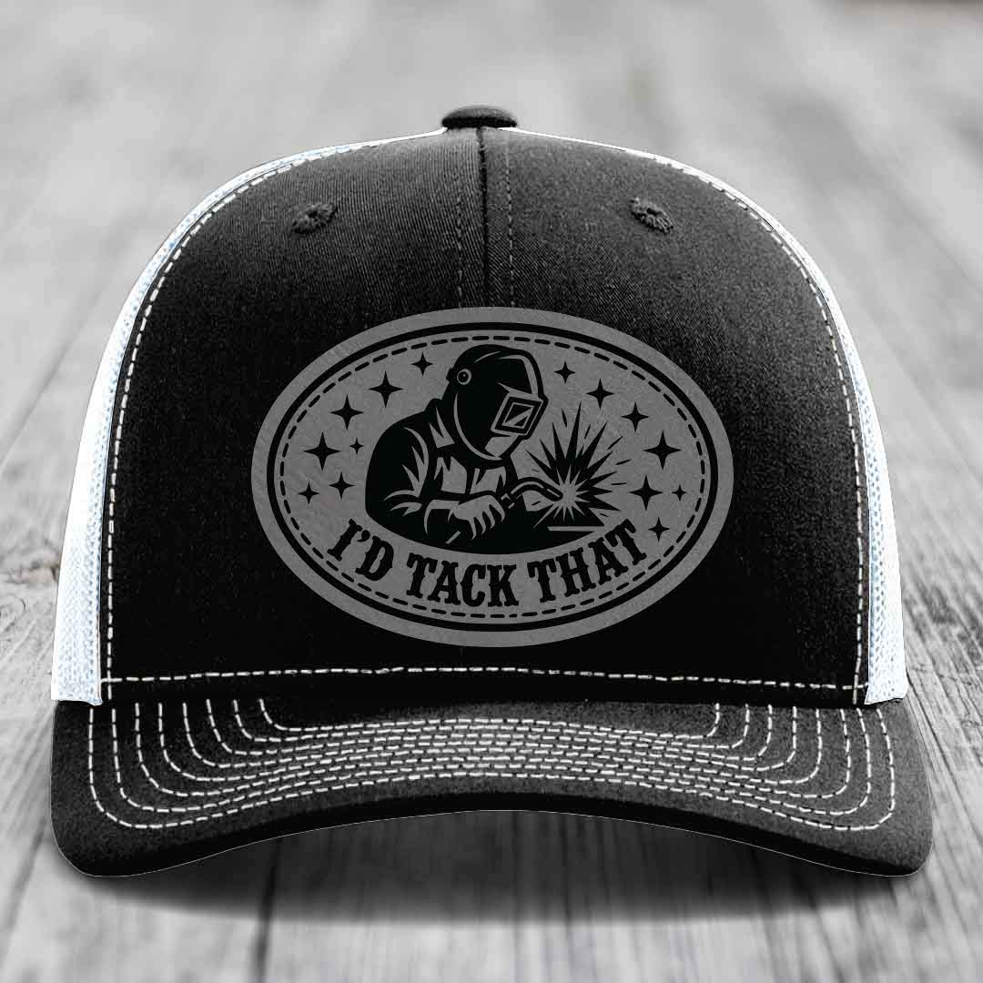 Id Tack That - Leather Patch Hat - Grey to Black Patch - Richardson 112 Snapback Trucker Hat