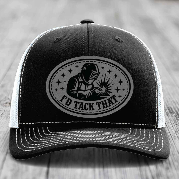 Id Tack That - Leather Patch Hat - Grey to Black Patch - Richardson 112 Snapback Trucker Hat