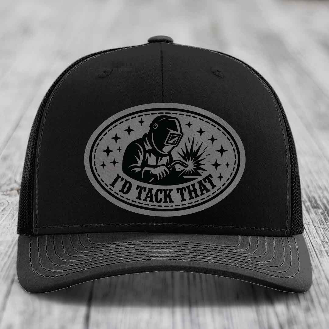 Id Tack That - Leather Patch Hat - Grey to Black Patch - Richardson 112 Snapback Trucker Hat