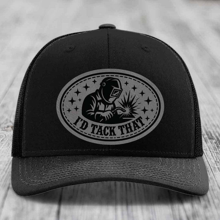 Id Tack That - Leather Patch Hat - Grey to Black Patch - Richardson 112 Snapback Trucker Hat