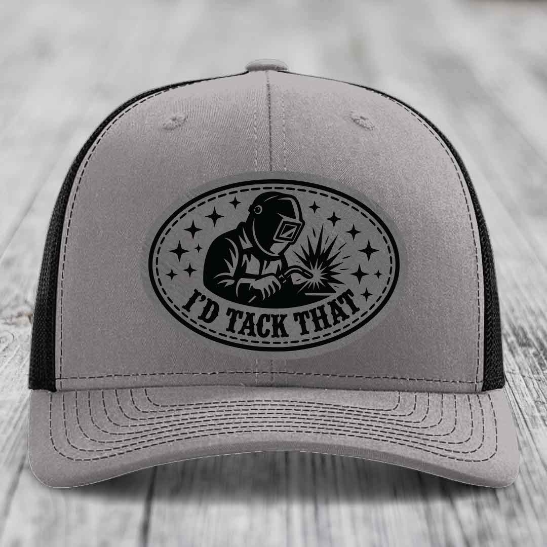 Id Tack That - Leather Patch Hat - Grey to Black Patch - Richardson 112 Snapback Trucker Hat