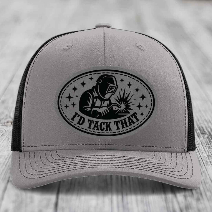 Id Tack That - Leather Patch Hat - Grey to Black Patch - Richardson 112 Snapback Trucker Hat