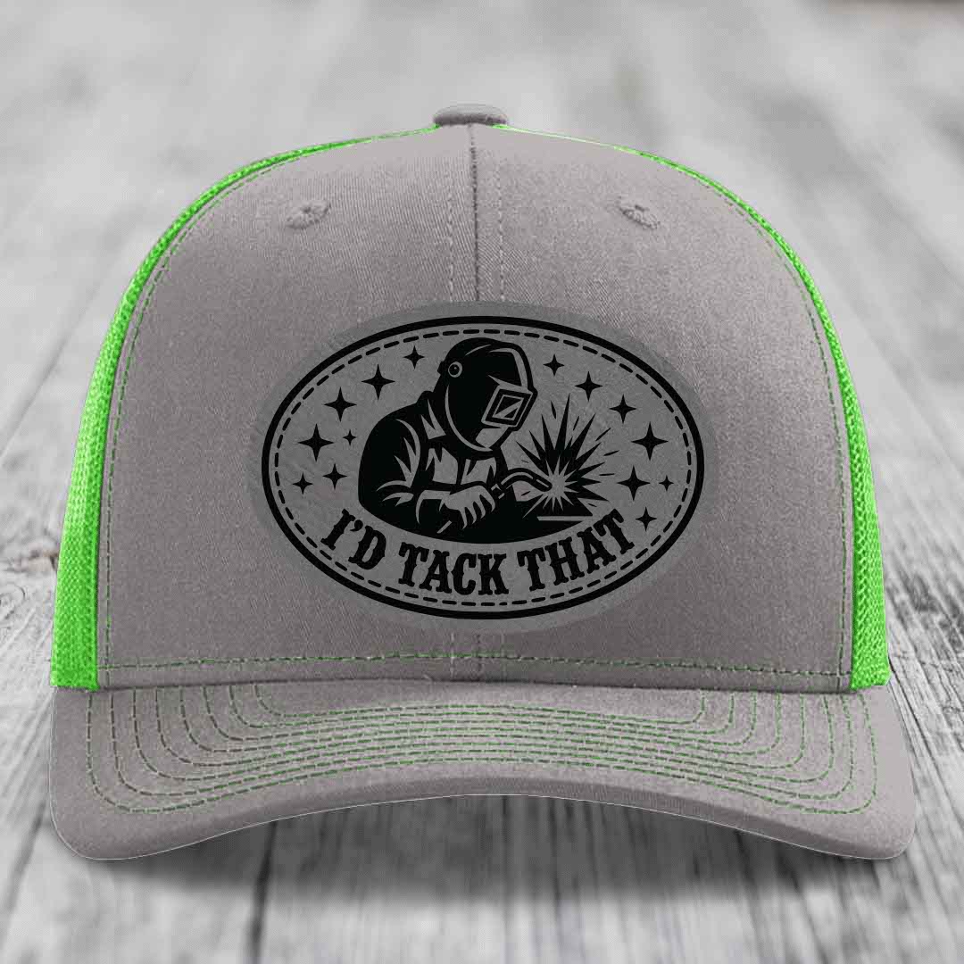 Id Tack That - Leather Patch Hat - Grey to Black Patch - Richardson 112 Snapback Trucker Hat