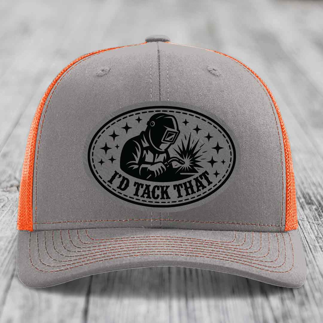 Id Tack That - Leather Patch Hat - Grey to Black Patch - Richardson 112 Snapback Trucker Hat