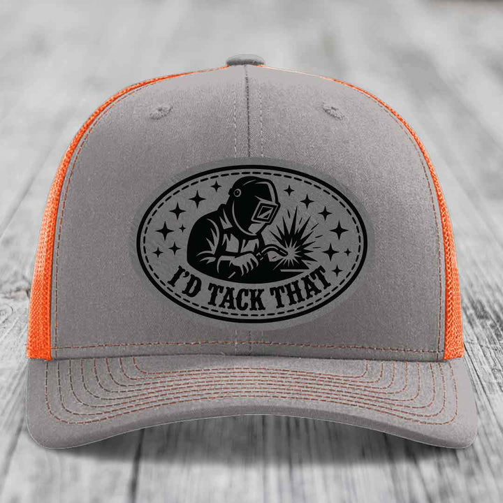 Id Tack That - Leather Patch Hat - Grey to Black Patch - Richardson 112 Snapback Trucker Hat