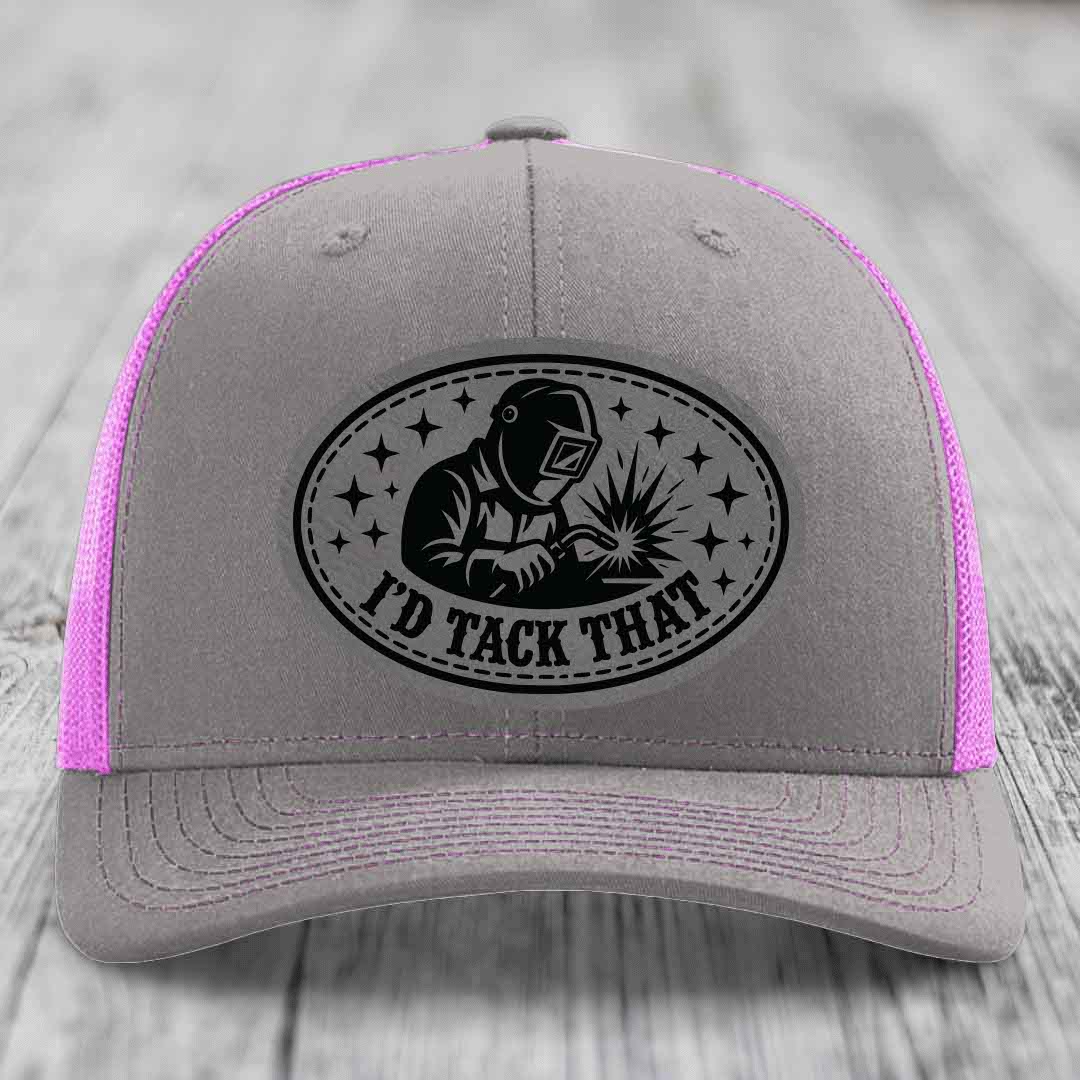 Id Tack That - Leather Patch Hat - Grey to Black Patch - Richardson 112 Snapback Trucker Hat