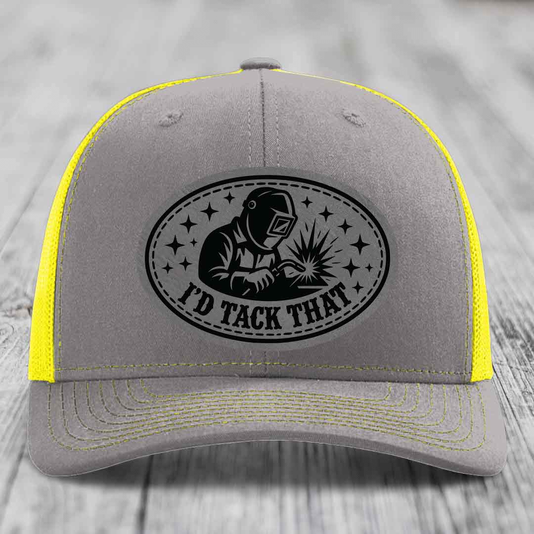 Id Tack That - Leather Patch Hat - Grey to Black Patch - Richardson 112 Snapback Trucker Hat