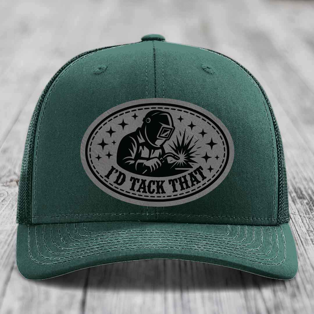 Id Tack That - Leather Patch Hat - Grey to Black Patch - Richardson 112 Snapback Trucker Hat