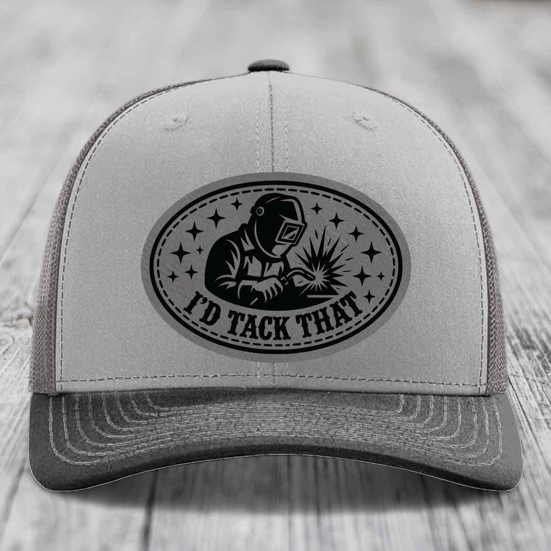 Id Tack That - Leather Patch Hat - Grey to Black Patch - Richardson 112 Snapback Trucker Hat