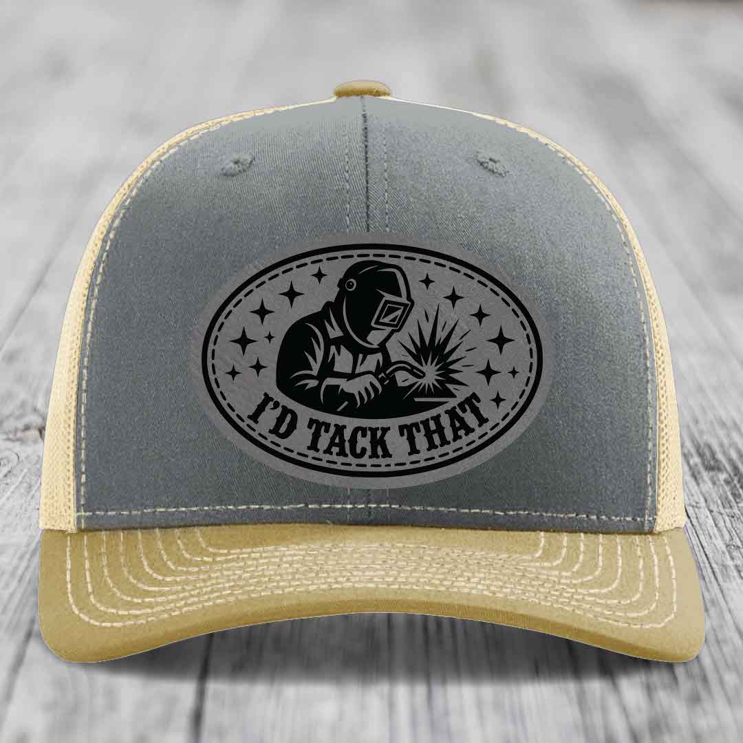Id Tack That - Leather Patch Hat - Grey to Black Patch - Richardson 112 Snapback Trucker Hat