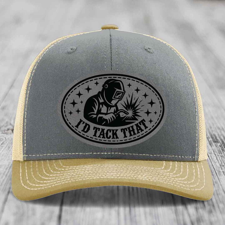 Id Tack That - Leather Patch Hat - Grey to Black Patch - Richardson 112 Snapback Trucker Hat