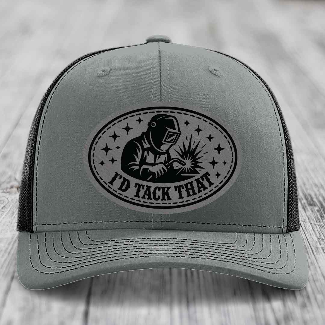 Id Tack That - Leather Patch Hat - Grey to Black Patch - Richardson 112 Snapback Trucker Hat