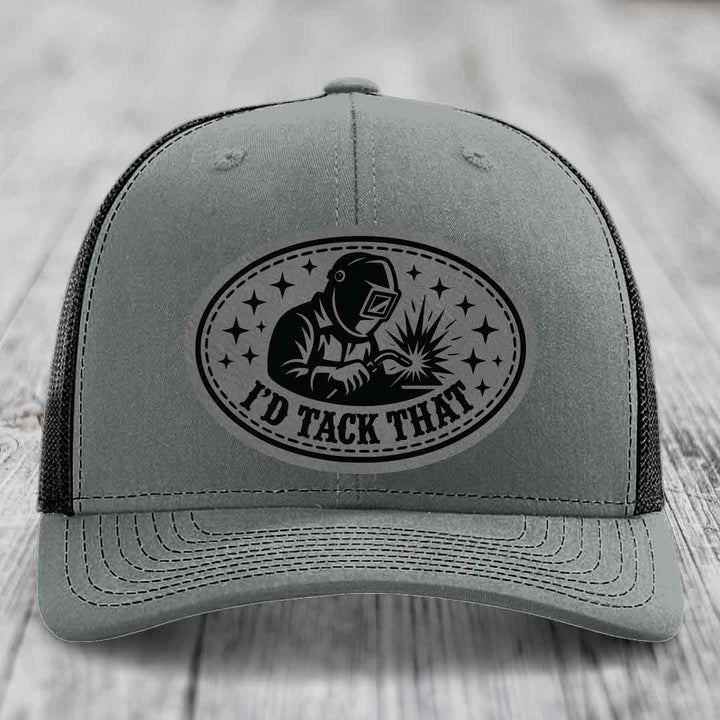 Id Tack That - Leather Patch Hat - Grey to Black Patch - Richardson 112 Snapback Trucker Hat