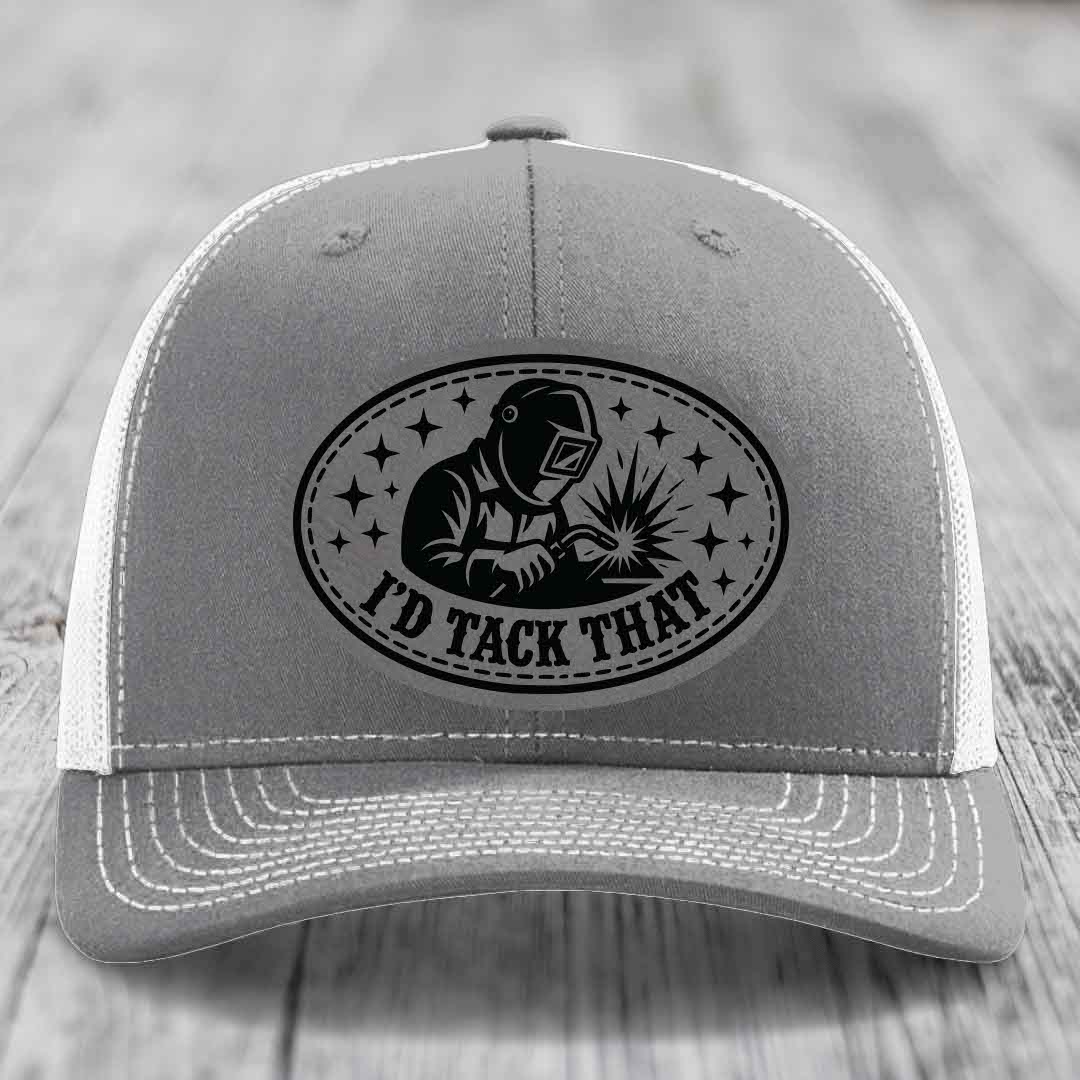 Id Tack That - Leather Patch Hat - Grey to Black Patch - Richardson 112 Snapback Trucker Hat