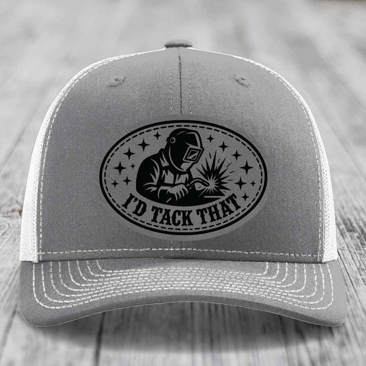Id Tack That - Leather Patch Hat - Grey to Black Patch - Richardson 112 Snapback Trucker Hat