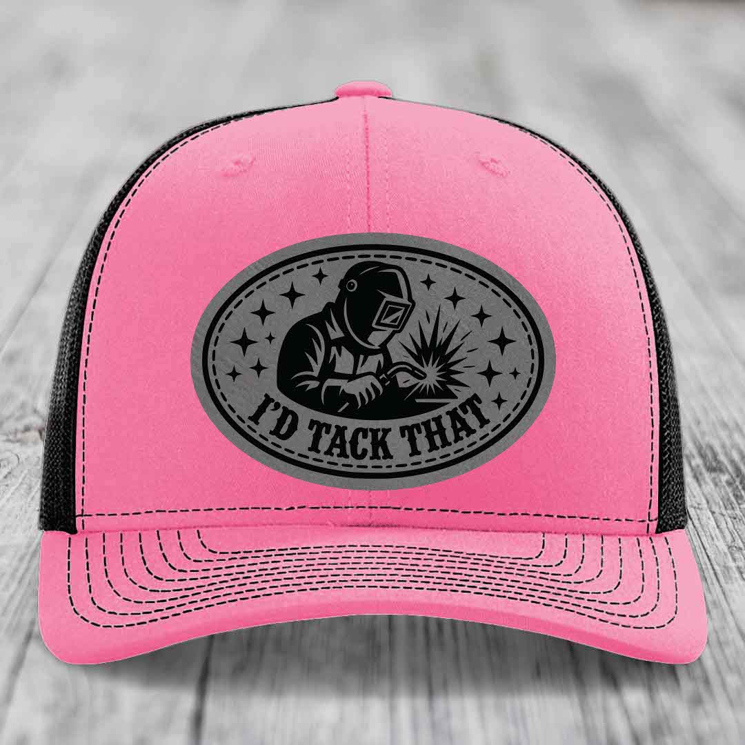 Id Tack That - Leather Patch Hat - Grey to Black Patch - Richardson 112 Snapback Trucker Hat