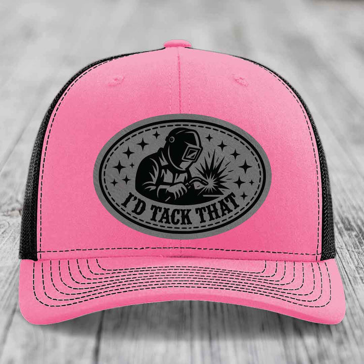 Id Tack That - Leather Patch Hat - Grey to Black Patch - Richardson 112 Snapback Trucker Hat