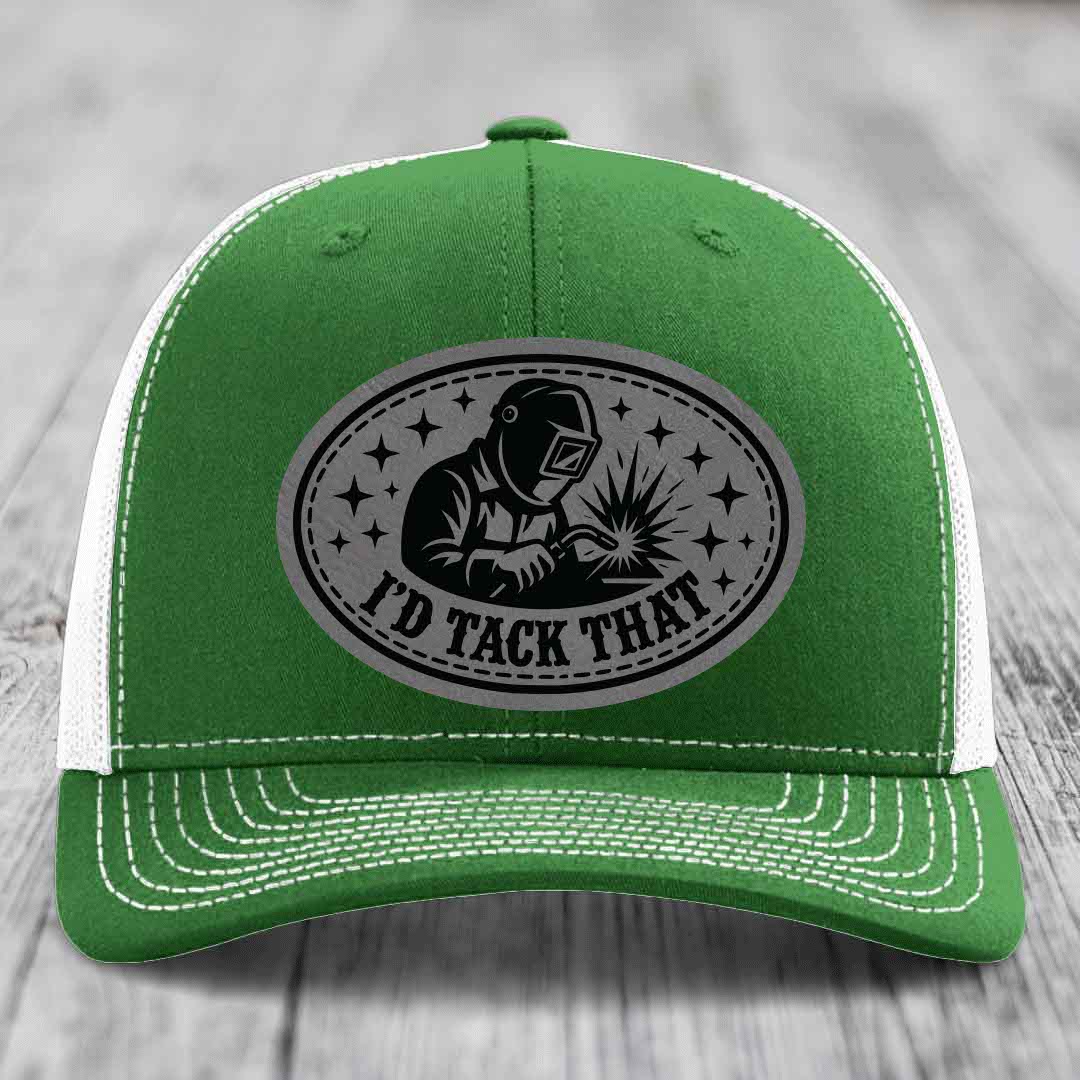 Id Tack That - Leather Patch Hat - Grey to Black Patch - Richardson 112 Snapback Trucker Hat