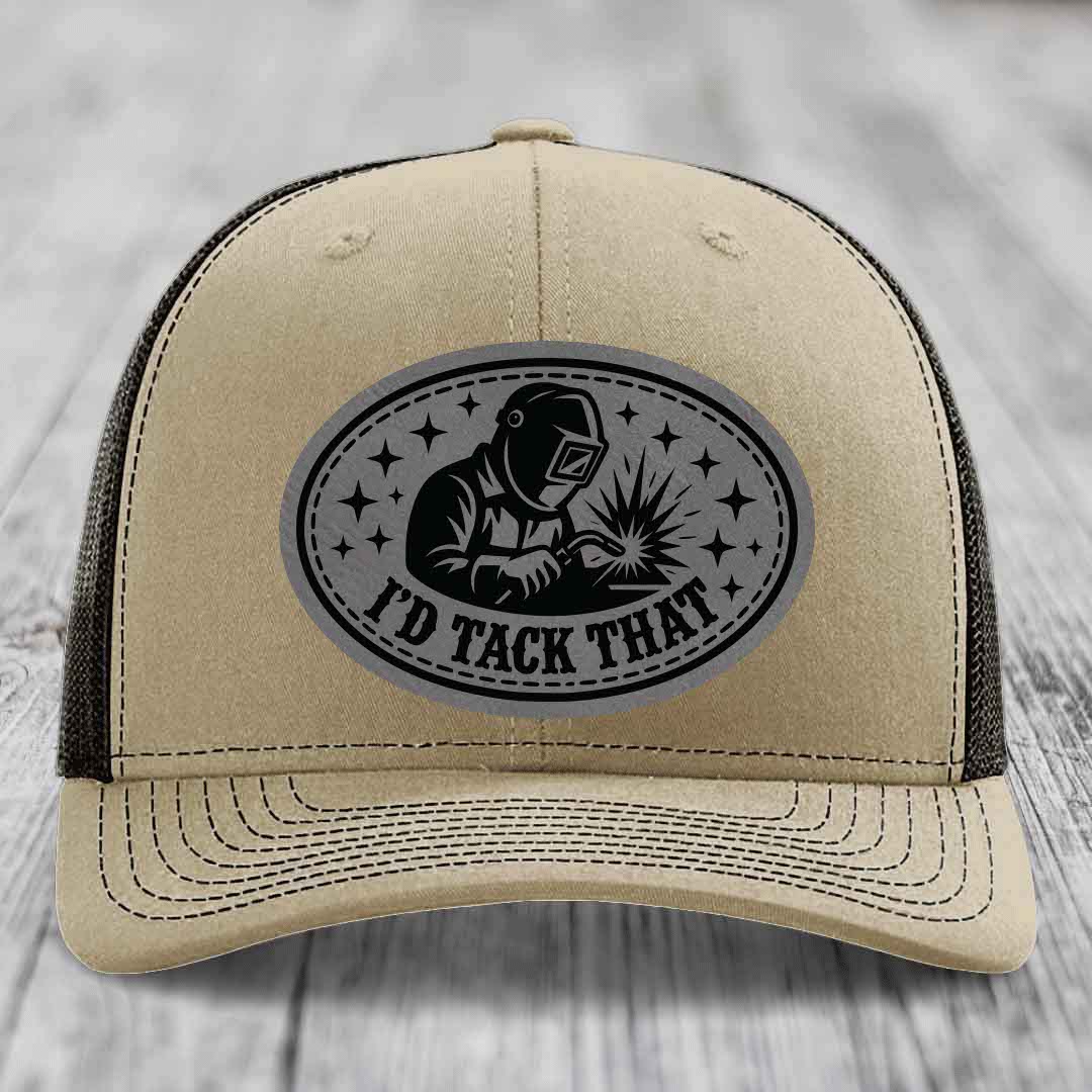 Id Tack That - Leather Patch Hat - Grey to Black Patch - Richardson 112 Snapback Trucker Hat