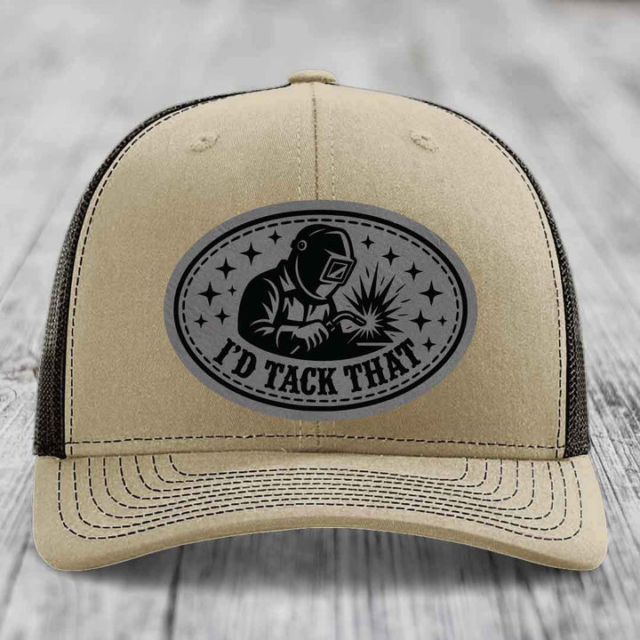 Id Tack That - Leather Patch Hat - Grey to Black Patch - Richardson 112 Snapback Trucker Hat