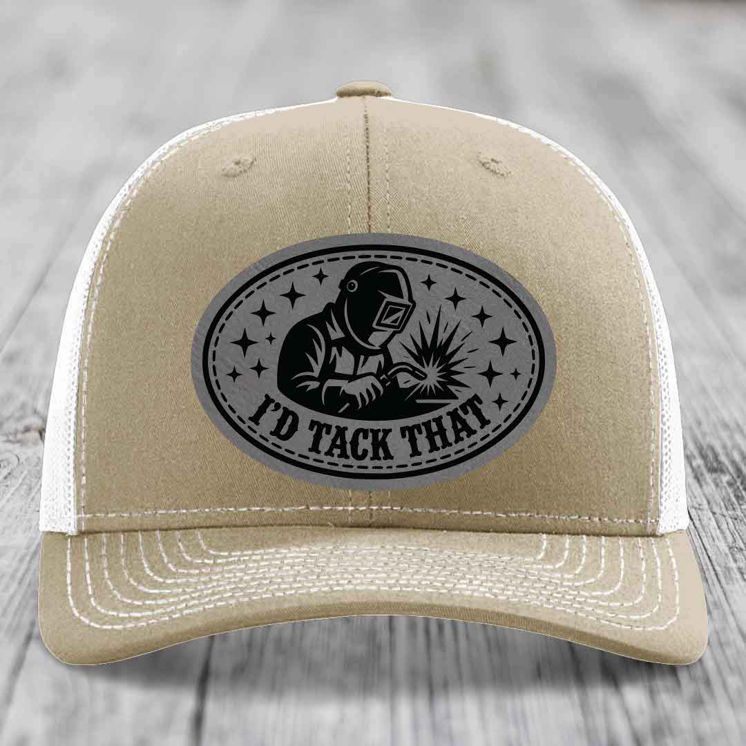 Id Tack That - Leather Patch Hat - Grey to Black Patch - Richardson 112 Snapback Trucker Hat