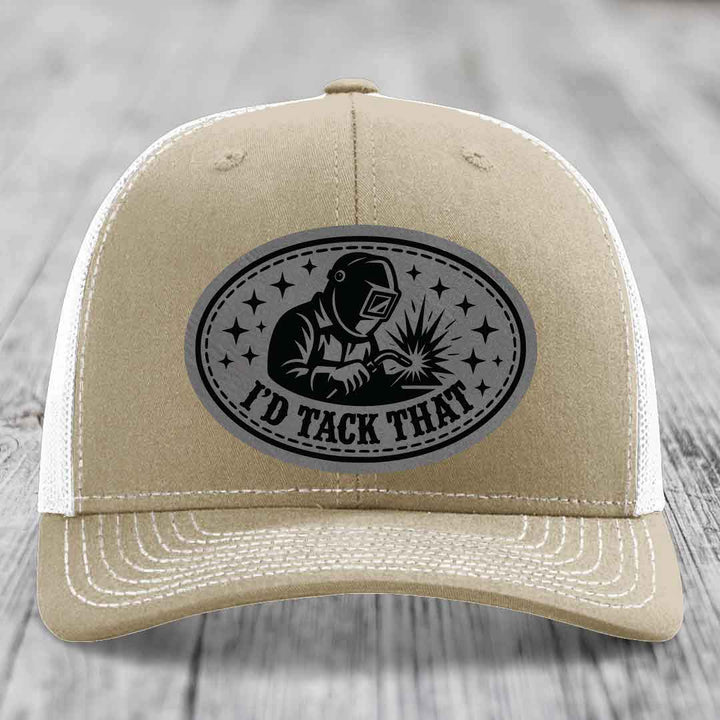 Id Tack That - Leather Patch Hat - Grey to Black Patch - Richardson 112 Snapback Trucker Hat