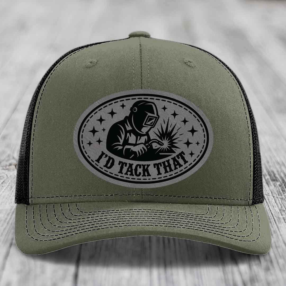 Id Tack That - Leather Patch Hat - Grey to Black Patch - Richardson 112 Snapback Trucker Hat