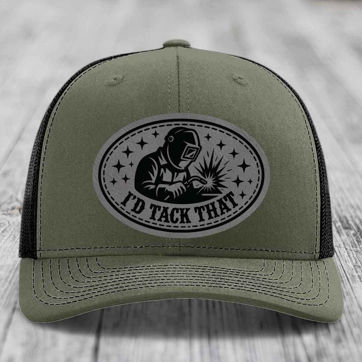 Id Tack That - Leather Patch Hat - Grey to Black Patch - Richardson 112 Snapback Trucker Hat
