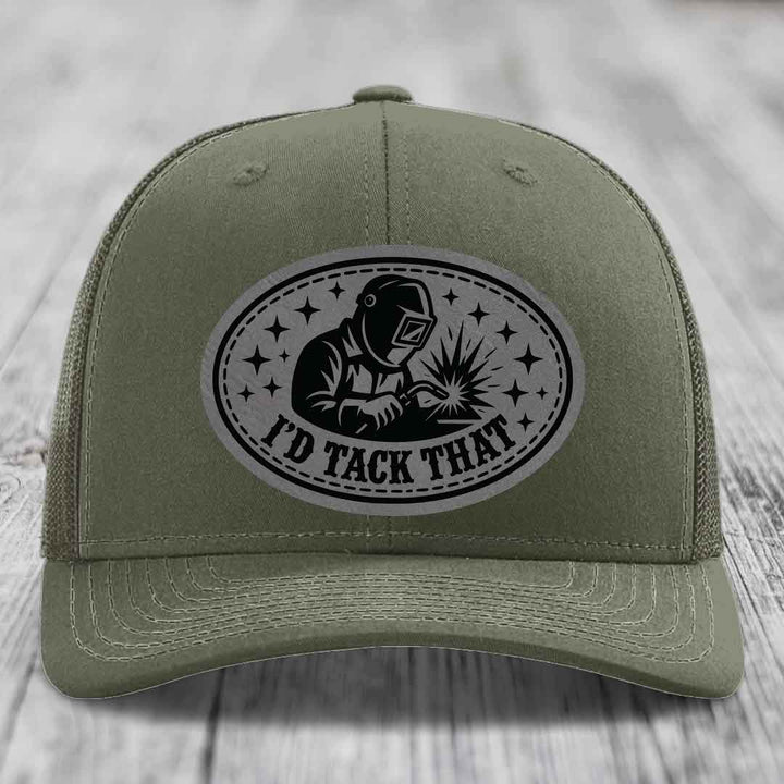 Id Tack That - Leather Patch Hat - Grey to Black Patch - Richardson 112 Snapback Trucker Hat