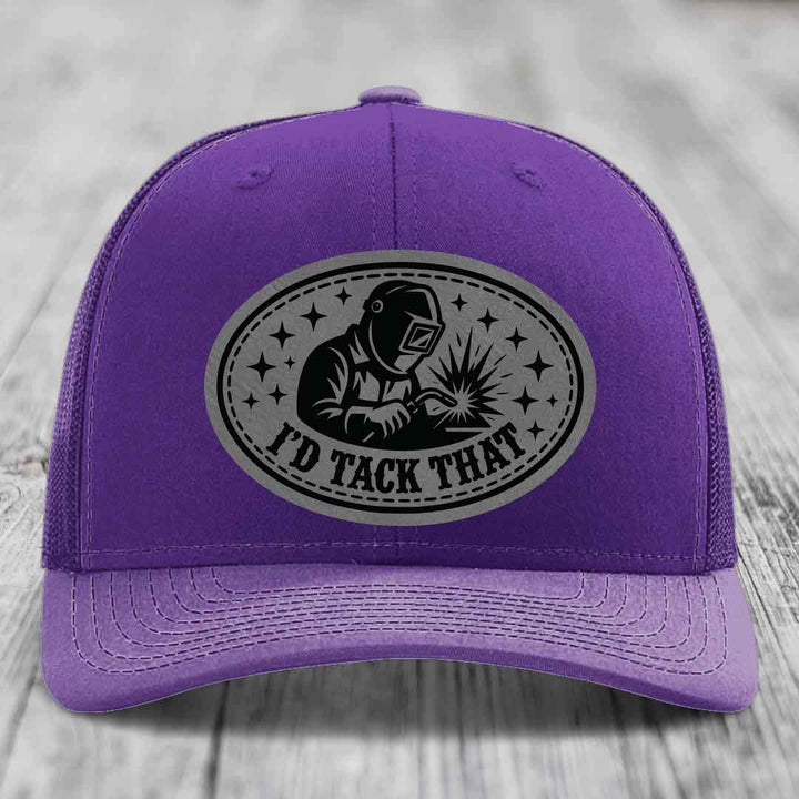 Id Tack That - Leather Patch Hat - Grey to Black Patch - Richardson 112 Snapback Trucker Hat
