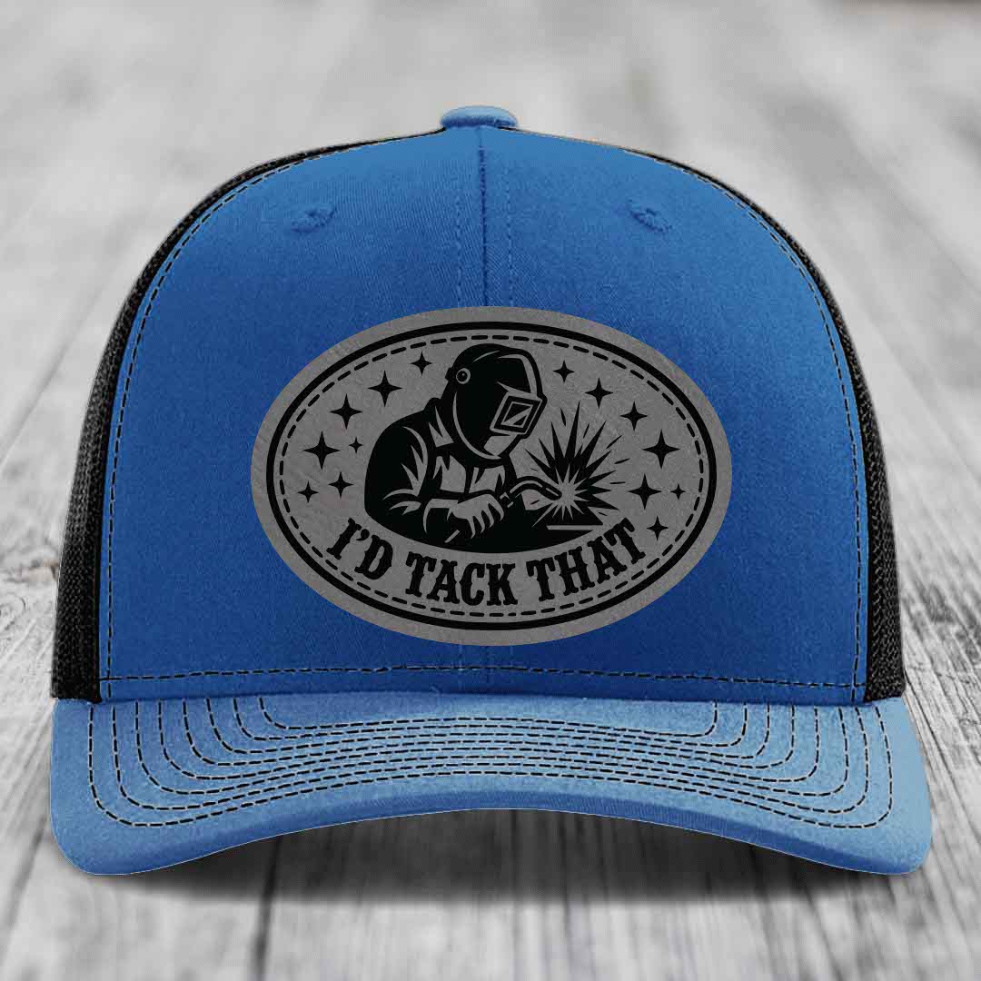 Id Tack That - Leather Patch Hat - Grey to Black Patch - Richardson 112 Snapback Trucker Hat