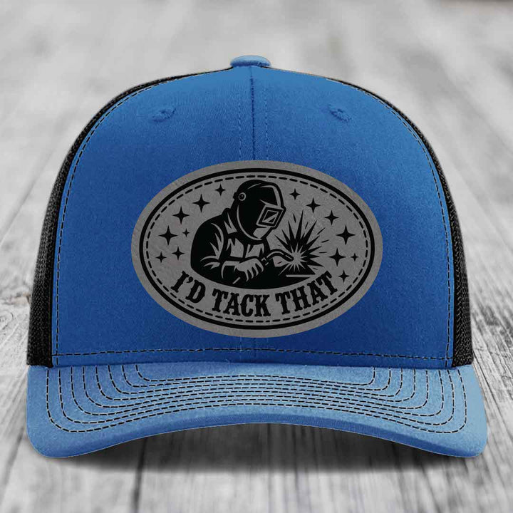 Id Tack That - Leather Patch Hat - Grey to Black Patch - Richardson 112 Snapback Trucker Hat
