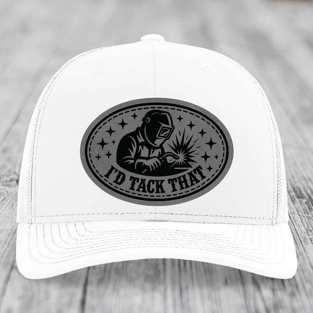Id Tack That - Leather Patch Hat - Grey to Black Patch - Richardson 112 Snapback Trucker Hat