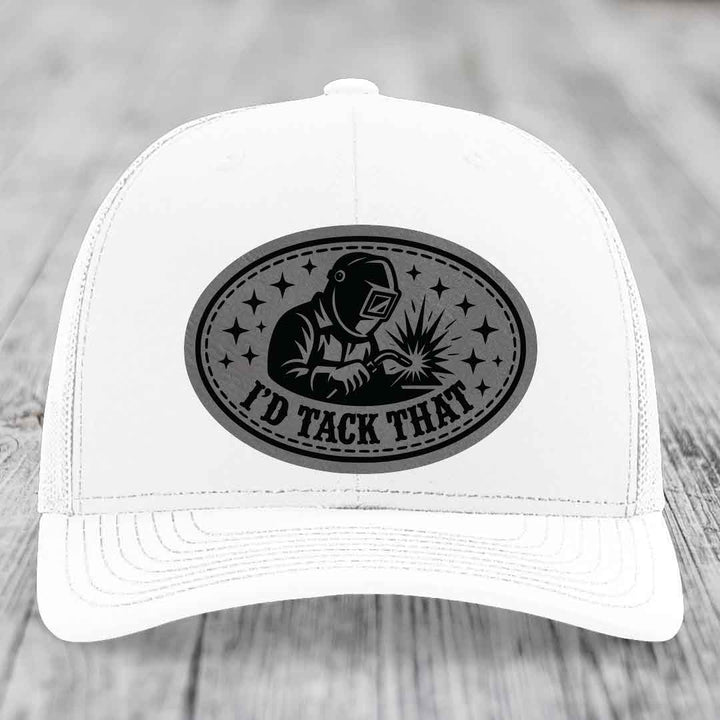 Id Tack That - Leather Patch Hat - Grey to Black Patch - Richardson 112 Snapback Trucker Hat