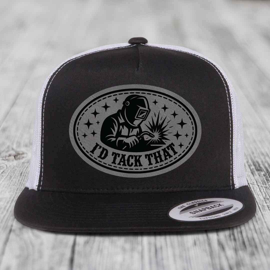 Id Tack That - Leather Patch Hat - Grey to Black Patch - Yupoong 6006 Snapback Flatbill Hat