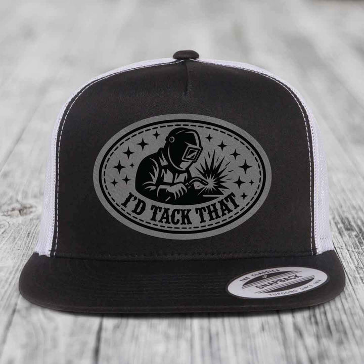 Id Tack That - Leather Patch Hat - Grey to Black Patch - Yupoong 6006 Snapback Flatbill Hat